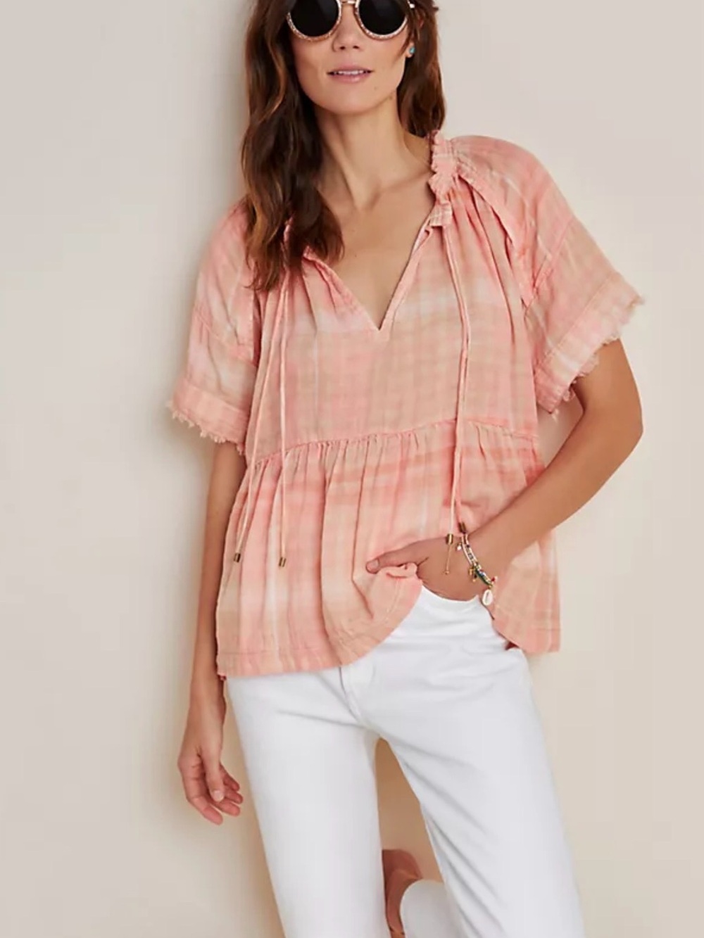 Anthropologie Peach Plaid Peasant Tunic